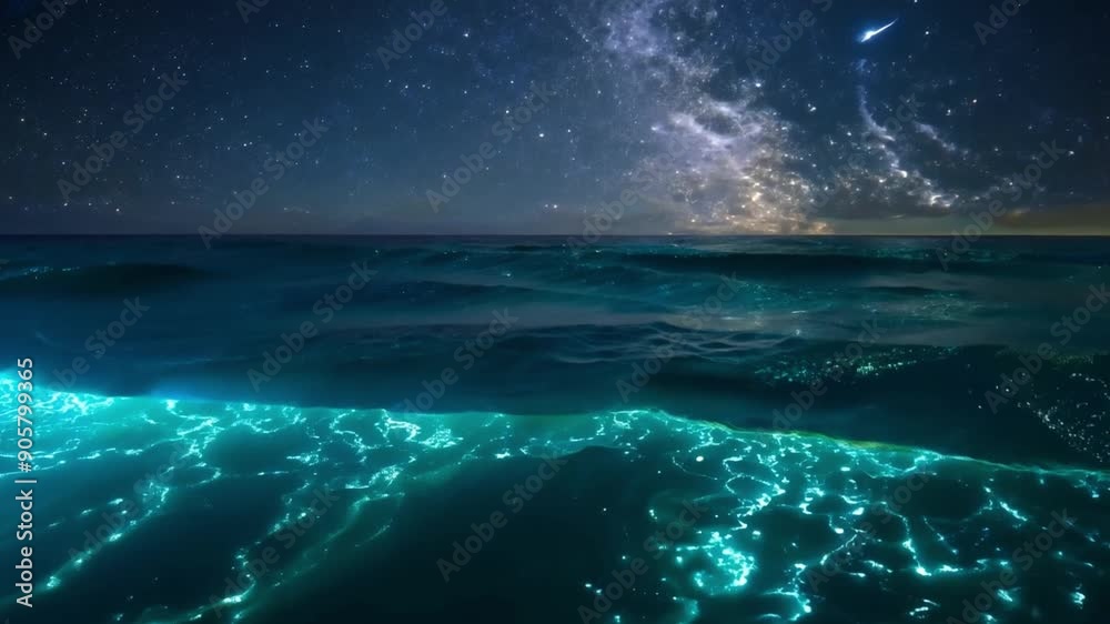 A serene seascape features gentle waves glowing with bioluminescence beneath a stunning starry sky, capturing the beauty of nature at night.