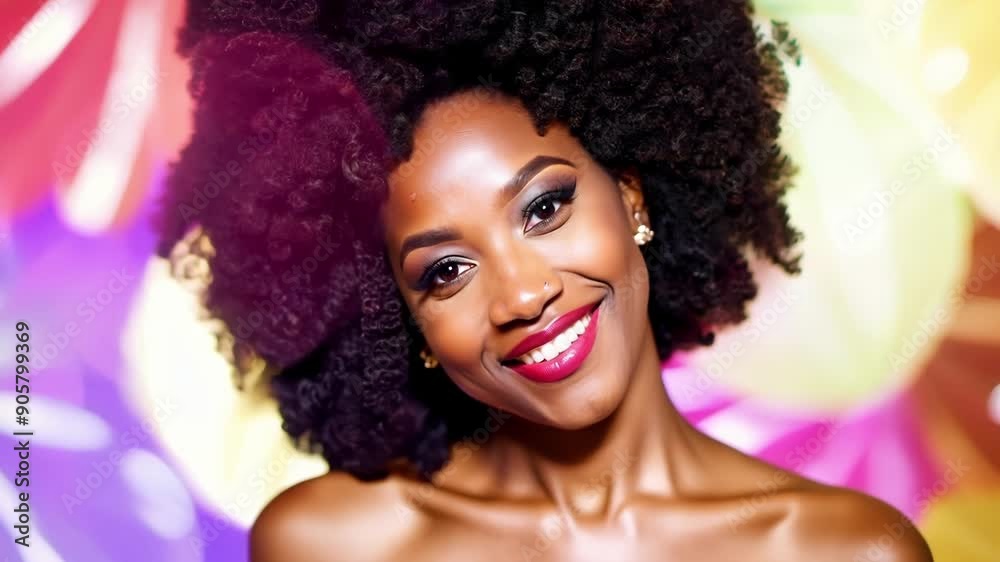 A woman in her 30s with a vibrant and voluminous afro radiating confidence and style against a bright and fun floral background. A woman in her 30s with a vibrant and voluminous afro radiating confidence and style against a bright and fun floral background.