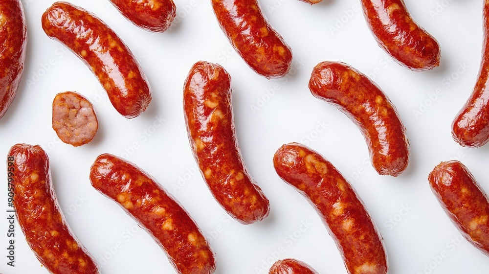 Pattern of crispy fried red sausages, delicious and appetizing on white Pattern of crispy fried red sausages, delicious and appetizing on white
