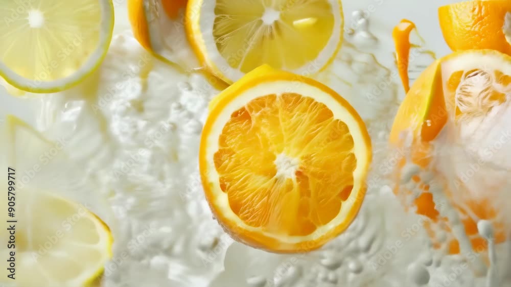 Fresh lemon and orange slices float among ice cubes and bubbles in water. The vibrant citrus colors suggest a refreshing drink on a sunny day. Perfect for a summer-themed visual.