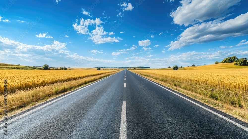 Roadside scenery of a rural road with golden wheat fields and a blue sky Roadside scenery of a rural road with golden wheat fields and a blue sky