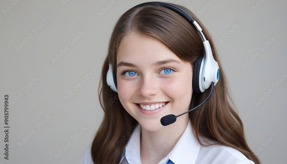 Smiling young business woman wearing a headset answering calls at a client service center. blue eyes and, dressed in a white collared shirt in the office created with generative ai Smiling young business woman wearing a headset answering calls at a client service center. blue eyes and, dressed in a white collared shirt in the office created with generative ai
