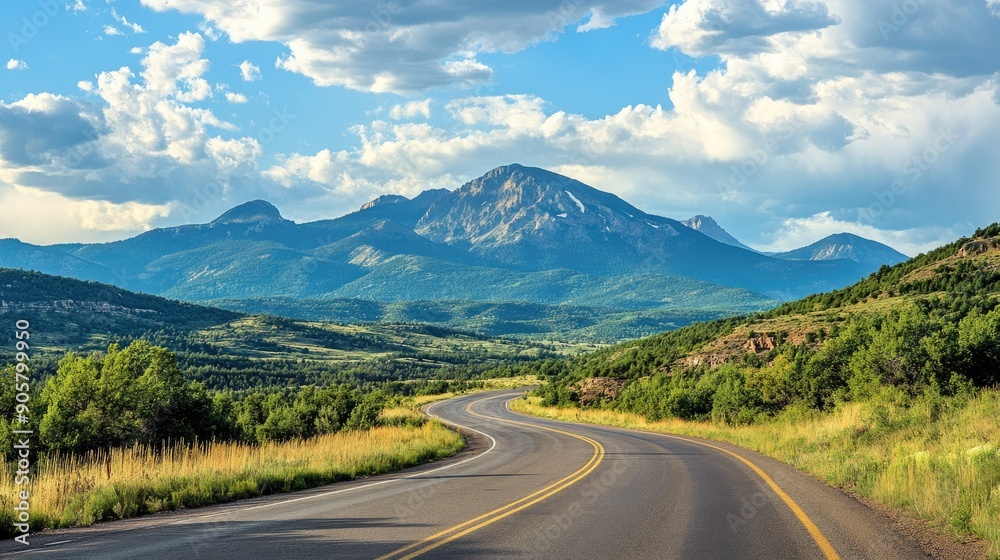 Scenic roadside view of a mountain range with a highway curving through the landscape Scenic roadside view of a mountain range with a highway curving through the landscape