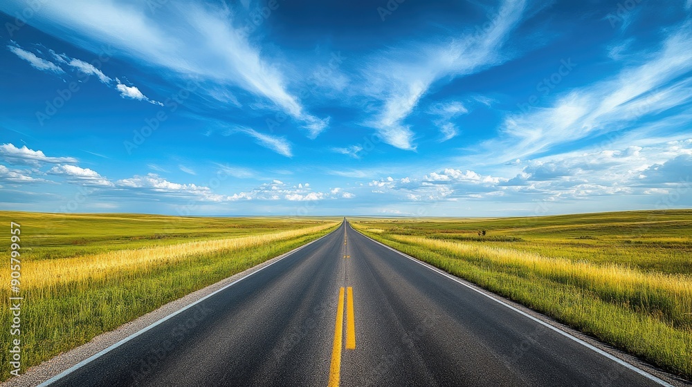 Scenic roadside view of a prairie with a straight road and big blue sky