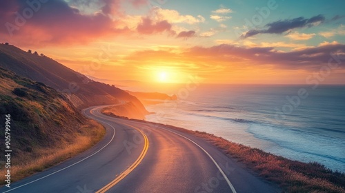 Scenic view of a coastal highway with a sunset over the ocean