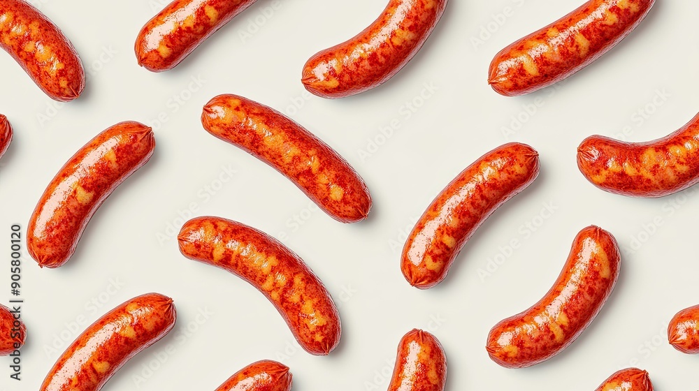 Seamless crispy fried red sausage pattern on a light background, appetizing food Seamless crispy fried red sausage pattern on a light background, appetizing food