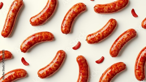 Seamless crispy fried red sausage pattern, delicious snack on a light background