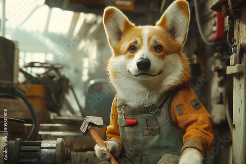 Mechanic dog holding hammer in workshop, wearing overalls, looking at camera, industrial setting, corgi breed concept, meme photo