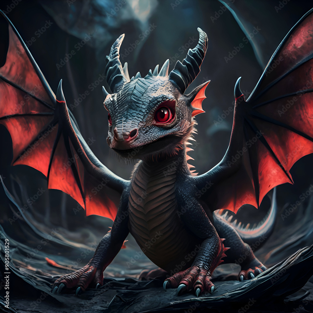 adorable cutest black-red dragon kid posing in night forest. Digital artwork. AI generated