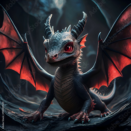 Obraz na płótnie adorable cutest black-red dragon kid posing in night forest. Digital artwork. AI generated w salonie