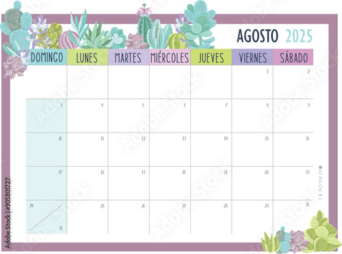 Calendario Planificador 2025 en Español - Tamaño A4 - Mes de Agosto
