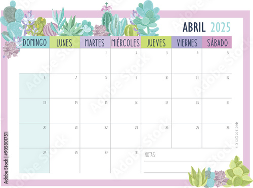 Calendario Planificador 2025 en Español - Tamaño A4 - Mes de Abril