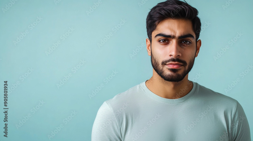 Obraz premium A man with dark hair and beard stands against a light blue background, looking directly at the camera with a calm and composed expression.