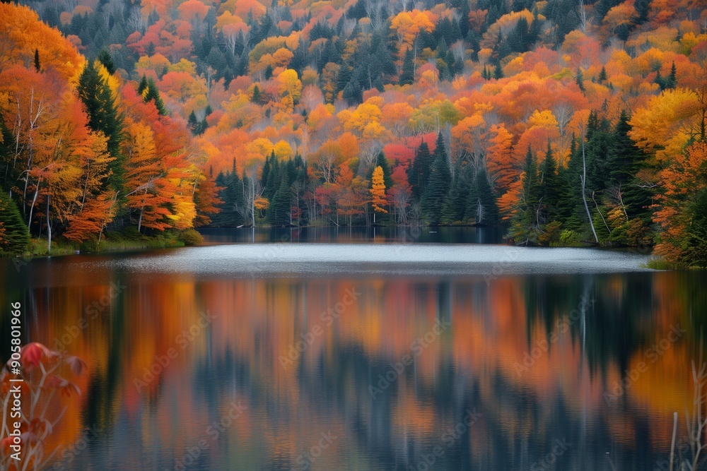 Obraz premium Autumn Reflections: A Lake Embraced by Vibrant Foliage