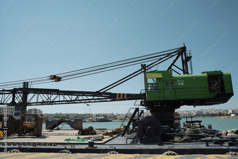 Barge dredging platform crane barge tug boat on the sea Barge dredging platform crane barge tug boat on the sea