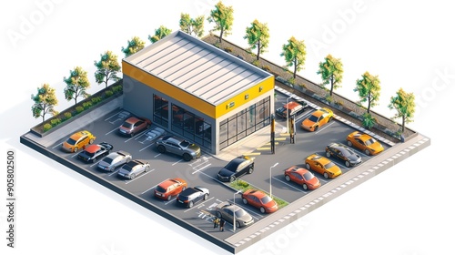 Isometric composition with parked cars near auto service center on white background 3d illustration 