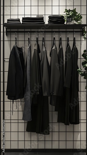 Shop display with black and gray dress clothes, white square tile wall with black grout lines, 3D garment product background photo