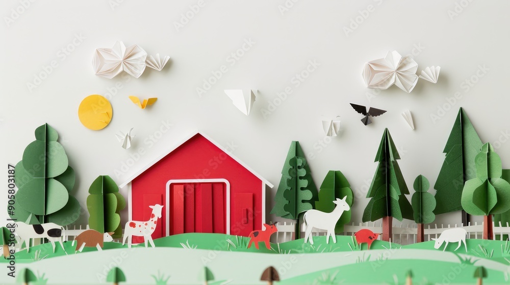 Rural farm lifestyle concept with red barn paper origami trees and animals on white background Rural farm lifestyle concept with red barn paper origami trees and animals on white background