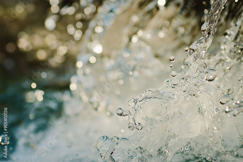 Water droplets splashing, creating a refreshing dynamic scene in nature, highlighting availability and sustainability, natural resource concept photo