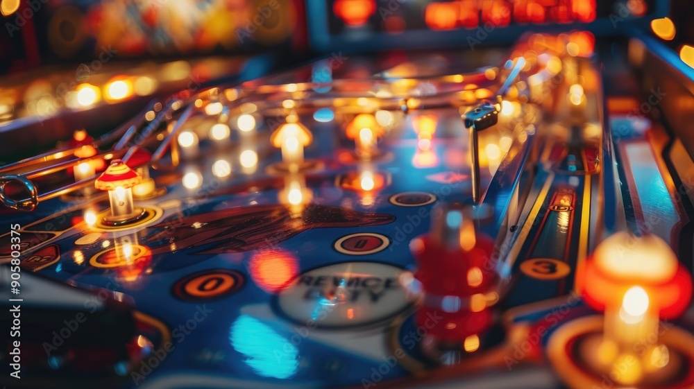 Colorful pinball machine with glowing lights in action Colorful pinball machine with glowing lights in action