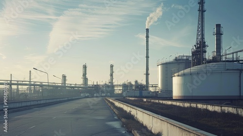 Industrial area with smoking chimneys and storage tanks under cloudy sky