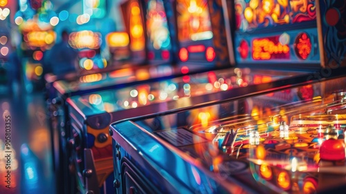 Colorful arcade with pinball machines and glowing lights at night