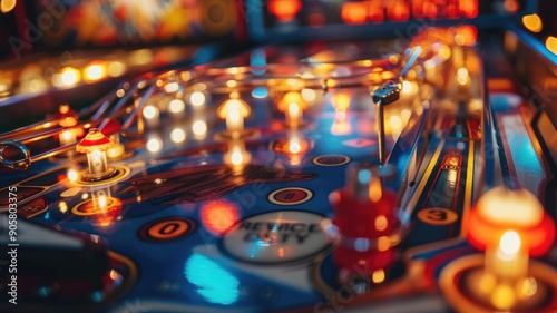 Colorful pinball machine with glowing lights in action