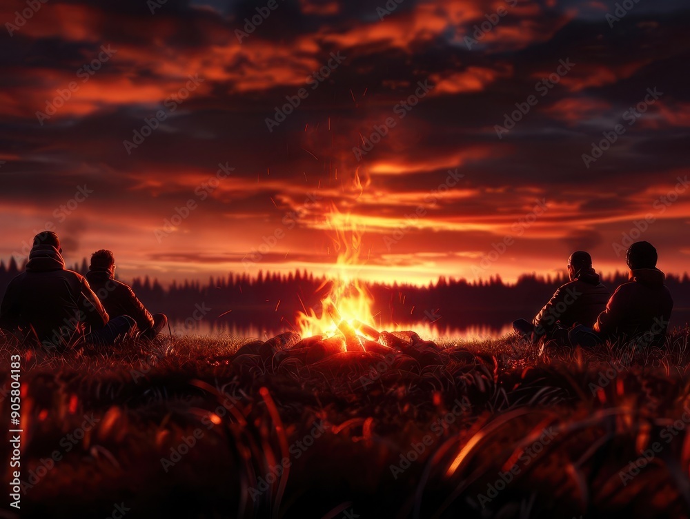 Fototapeta premium Camping trip with friends and family enjoying the outdoors, gathered around a campfire, Realism, Warm hues, Digital painting