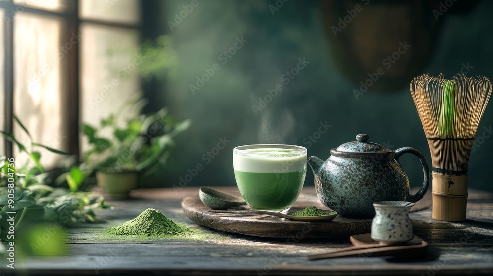 Japanese matcha accessories and a glass of matcha tea latte in a still life Japanese matcha accessories and a glass of matcha tea latte in a still life
