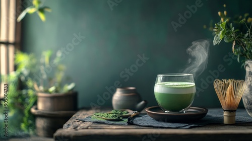 Japanese matcha accessories and a glass of matcha tea latte in a still life