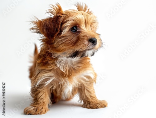 Long-Haired Puppy with Hair Blowing in Wind from Electric Fan, Styled Like Van Gogh Art on White Background