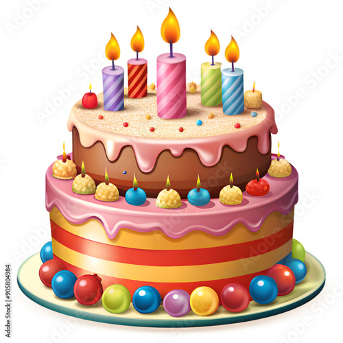 birthday cake with candles. Transparent background, clip art.