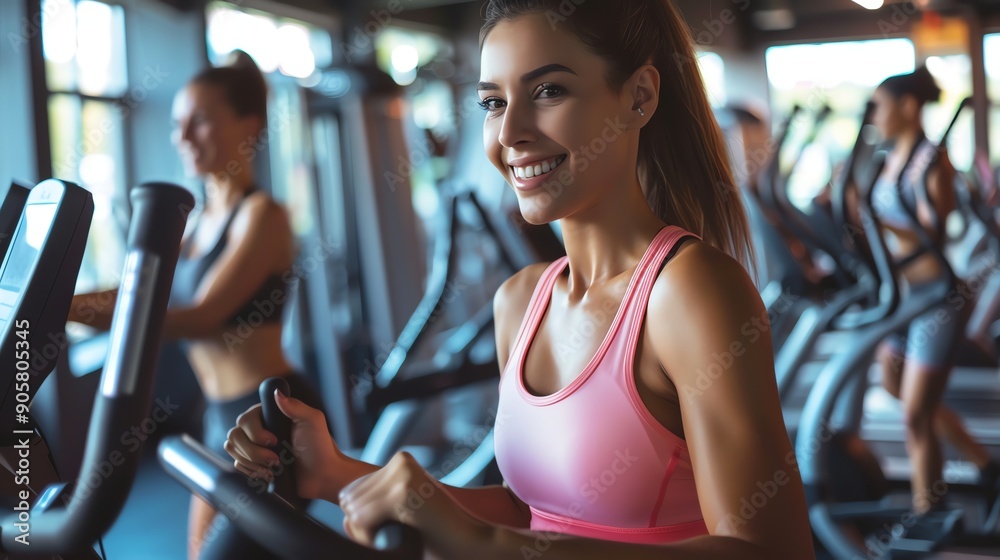 A woman smiles while working out on a stationary bike at a gym. A woman smiles while working out on a stationary bike at a gym.