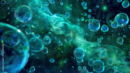 Abstract Green Bubbles with Smoke and Glimmer