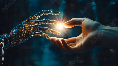 A mesmerizing encounter between human and robot, where a mechanical hand and a human hand nearly touch, sparks a bright light, symbolizing the fusion of technology and humanity.