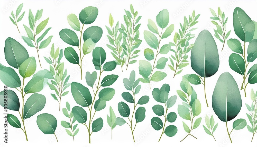 Watercolor green bouquet with eucalyptus leaves and branches. Greenery ...