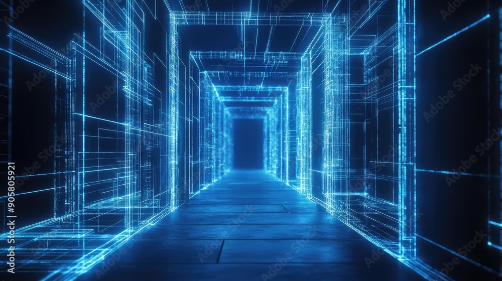 Fototapeta premium 3D glowing wireframe structure with blue lighting, featuring blank space for copy.