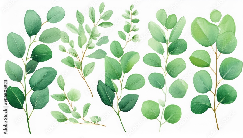 Obraz premium Watercolor green bouquet with eucalyptus leaves and branches. Greenery leaf hand-painted isolated. Can be used as being an element in the decorative design of invitation, wedding or greeting cards.