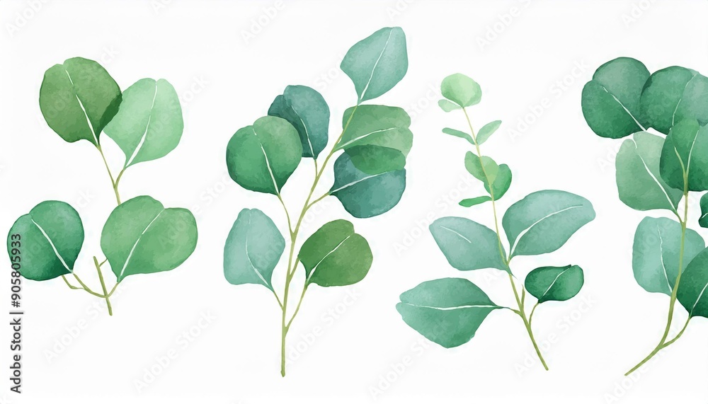 Watercolor green bouquet with eucalyptus leaves and branches. Greenery leaf hand-painted isolated. Can be used as being an element in the decorative design of invitation, wedding or greeting cards. Watercolor green bouquet with eucalyptus leaves and branches. Greenery leaf hand-painted isolated. Can be used as being an element in the decorative design of invitation, wedding or greeting cards.
