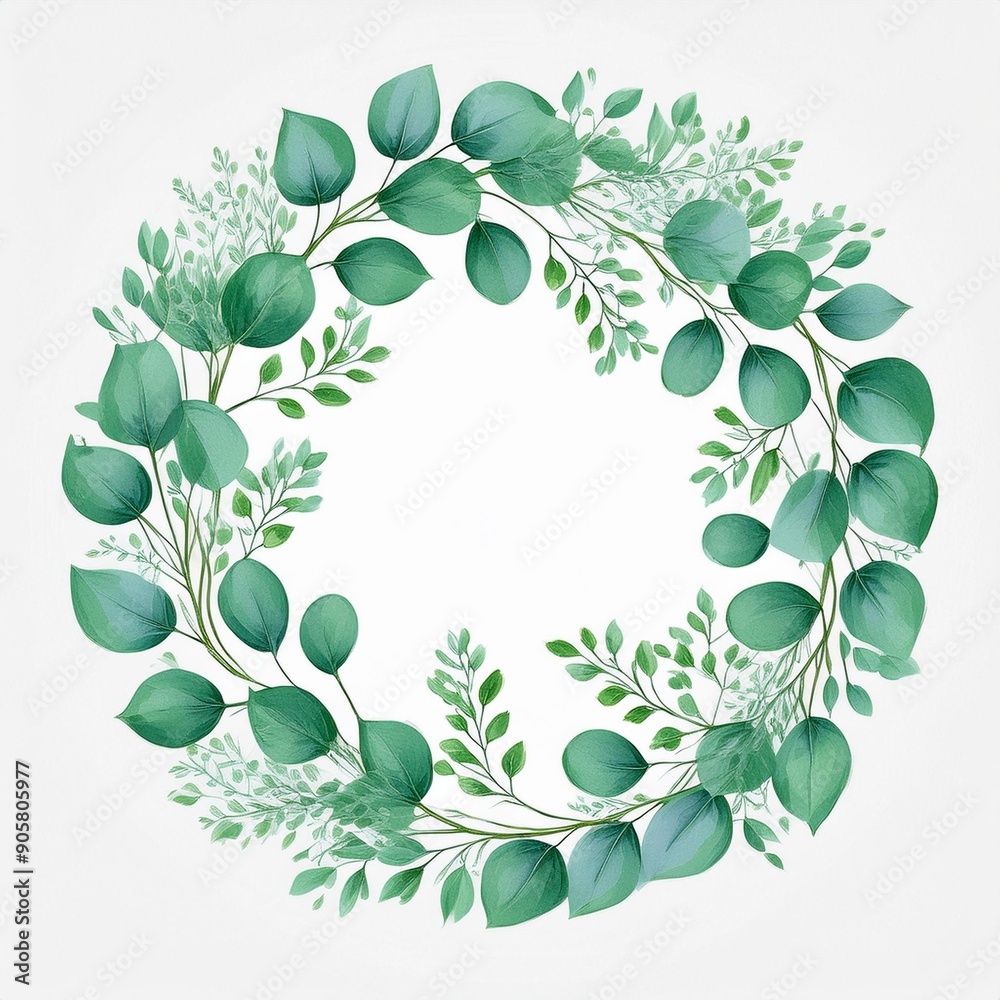 Obraz premium Watercolor green bouquet with eucalyptus leaves and branches. Greenery leaf hand-painted isolated. Can be used as being an element in the decorative design of invitation, wedding or greeting cards.