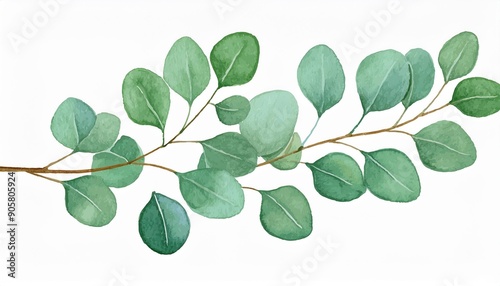 Watercolor green bouquet with eucalyptus leaves and branches. Greenery leaf hand-painted isolated. Can be used as being an element in the decorative design of invitation, wedding or greeting cards.