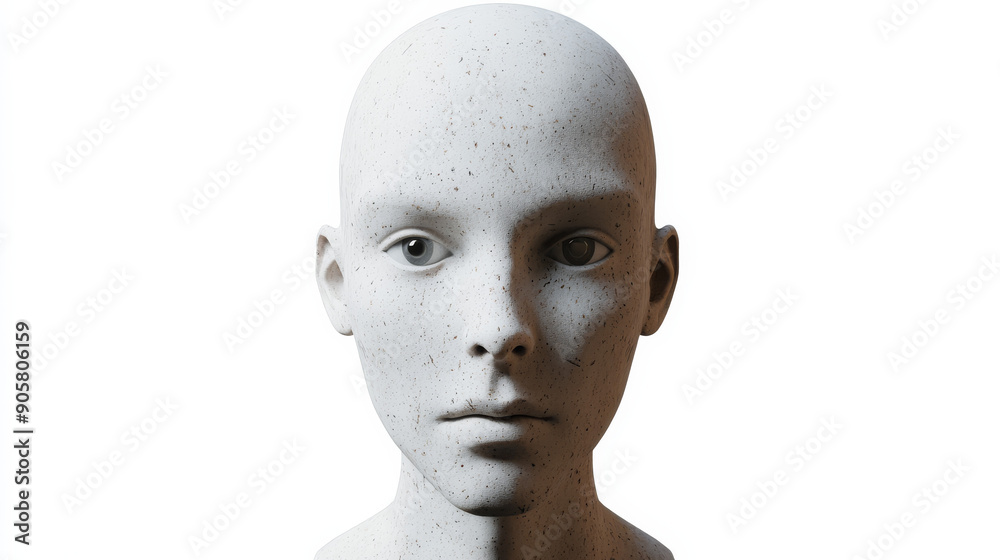 White mannequin head with freckles, representing minimalism and abstract art. White mannequin head with freckles, representing minimalism and abstract art.