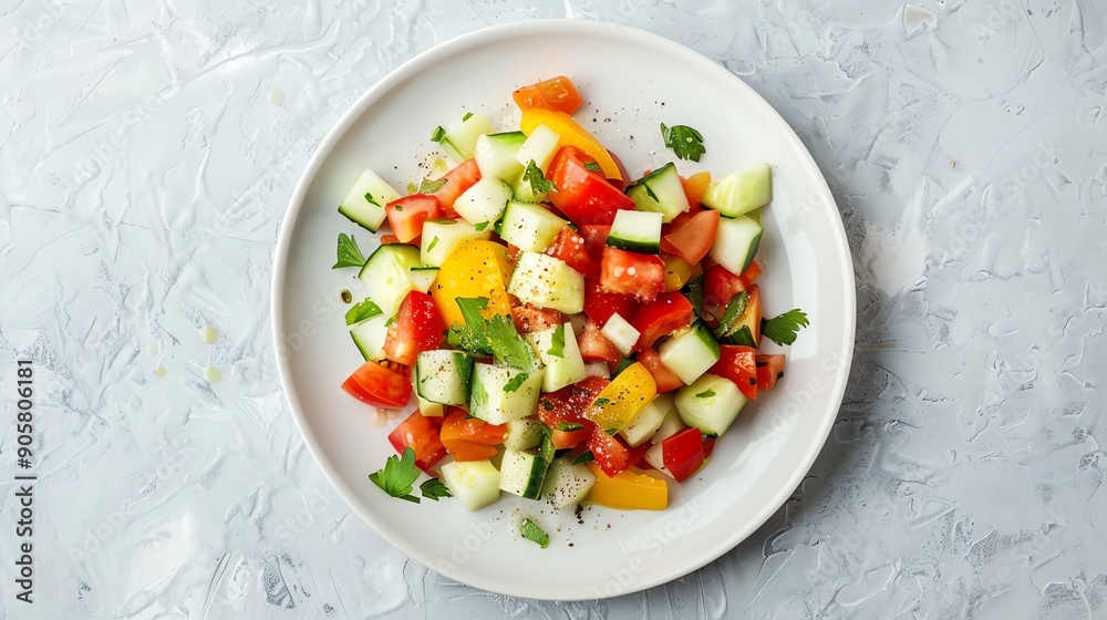 A plate of chopped cucumber, tomato, and bell pepper salad on a gray background.