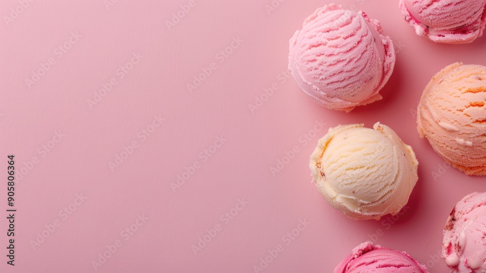 Various scoops of pastel-colored ice cream on pink background Various scoops of pastel-colored ice cream on pink background