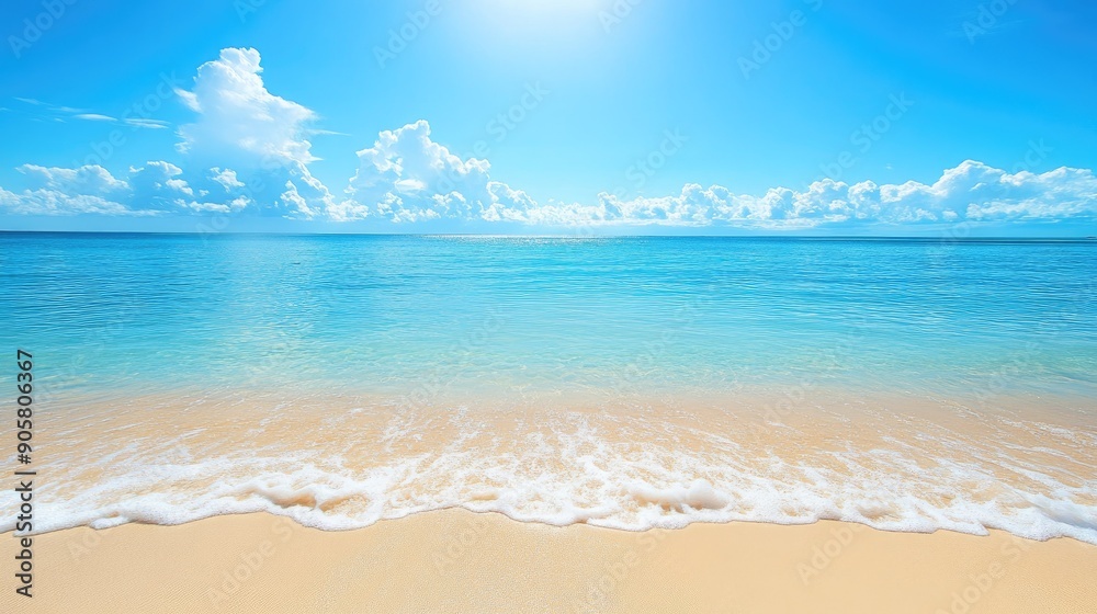 Clear blue water and sandy beach with ample space for summer-themed text. --ar 16:9 Clear blue water and sandy beach with ample space for summer-themed text. --ar 16:9