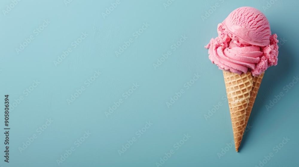 Pink ice cream in cone on blue background Pink ice cream in cone on blue background