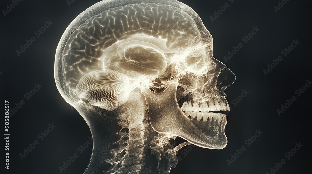 Detailed X-ray of the human brain and skull, highlighting the cranial cavity Detailed X-ray of the human brain and skull, highlighting the cranial cavity