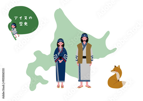 北海道とアイヌ民族の男女のイラストセット
