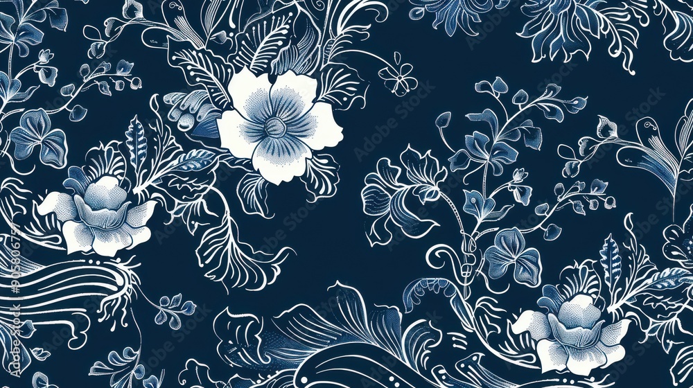 Elegant floral pattern with white flowers on a deep blue background. Elegant floral pattern with white flowers on a deep blue background.