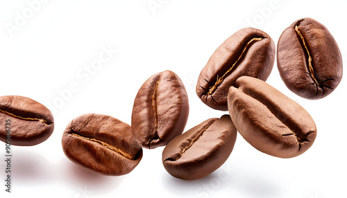 coffee beans floating isolated on white background